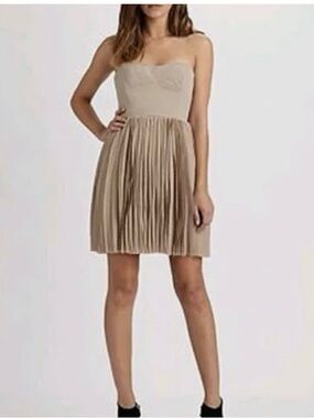 BCBGMaxAzria Strapless Pleated Mini Dress in Taupe